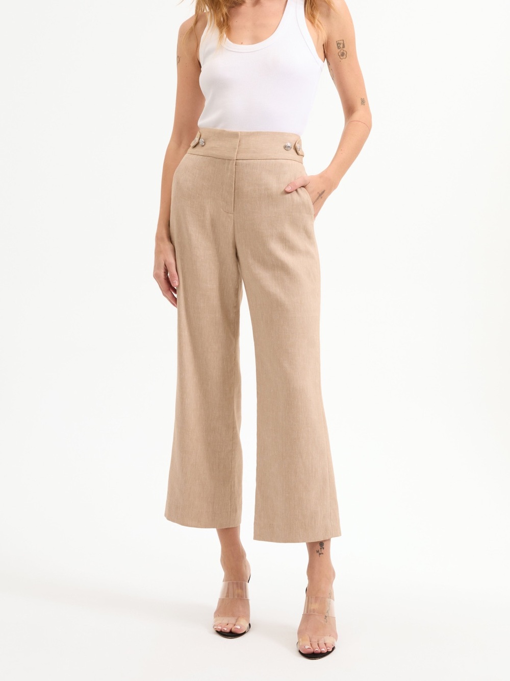 NWT Veronica Beard $395 Aubrie Cropped Linen-blend Trousers Khaki Melange SZ 10